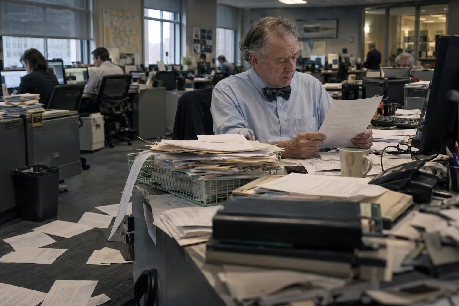 Older reporter reading pitches at a desk buried in printouts in a US newsroom